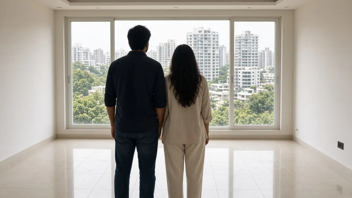 Couple looking out from an empty new apartment at Bengaluru high-rises while buying a home with a property consultant in Bengaluru